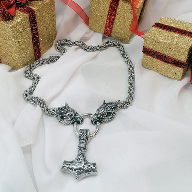 Thor's Hammer Pendant with Two Wolf Heads Byzantine Chain Necklace
