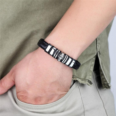 Black Braided Leather Stainless Steel Skull Beaded Bracelet Black Braided Leather Stainless Steel Skull Beaded Bracelet