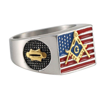Silver Masonic Freemason American Flag Biker Mason Member Ring
