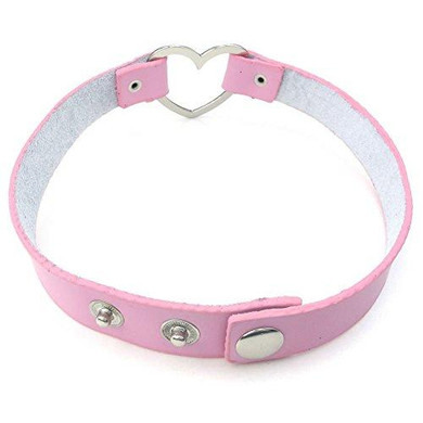 Women Leather Choker Necklace, Grils Punk Goth Emo Heart Collar Choker Chain, Pink Silver