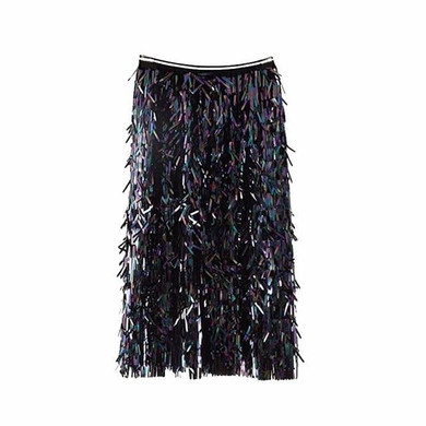 Sequin Tassel Skirt - High Waist Midi