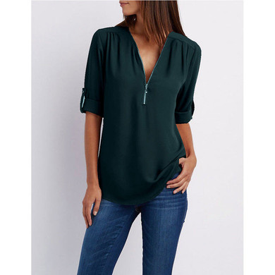 5XL Plus Size Women Clothing Chiffon Blouse Shirts Ladies V Neck Roll Up Long Sleeve Women Blouses Zipper Female Plus Size Tops