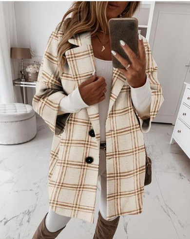 Autumn and winter three-quarter sleeve button lapel pocket plaid woolen coat women