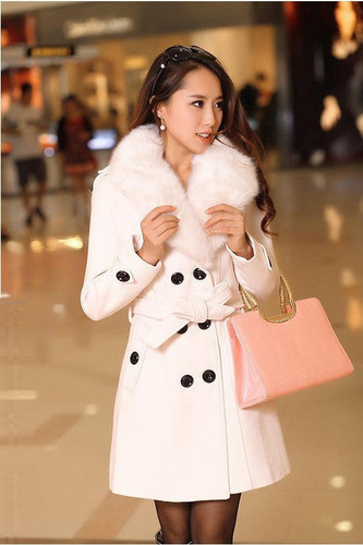 Winter Woolen Blend Grey Trench Coat Faux Collar Double-Breasted Jacket