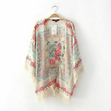 Casual Women Boho Fringe Floral Kimono