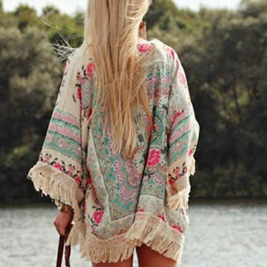 New Fashion Women Boho Fringe Floral Kimono