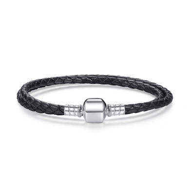 Long Double Black Braided Leather Chain Bracelets with 925 Sterling Silver Snake Clasp