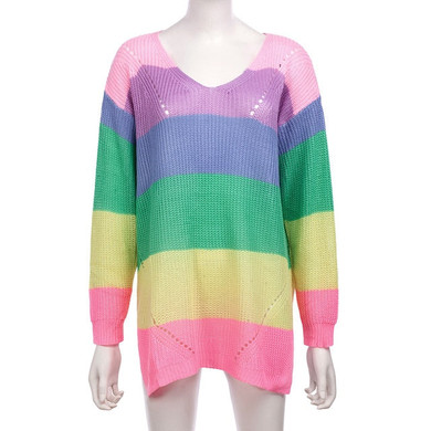 Casual Rainbow Striped Sweater Women V-Neck 2019 New Fall Winter Long Sleeve Knit Loose Pullovers Jumper Sexy Oversized Sweaters Casual Rainbow Striped Sweater Women V-Neck 2019 New Fall Winter Long Sleeve Knit Loose Pullovers Jumper Sexy Oversized Sweaters