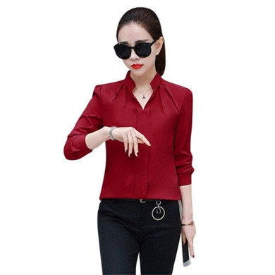 2019 Women Sexy V-neckline Chiffon Blouse Ladies Long Sleeve Pleated Shirts Elegant Plus Size Stylish Office Blouse