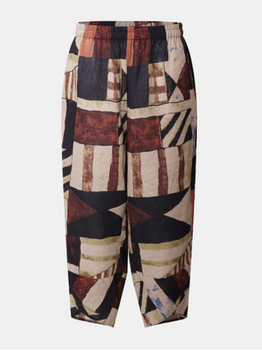 Ethnic Print Elastic Waist Plus Size Pants