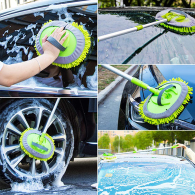 2 in 1 Microfiber Car Wash Mop Mitt with Long Handle, Car Wash Brush Duster with 2 Pcs Mop Head & Extension Pole, Scratch Free Cleaning Tool Dust Collector Supplies for Washing Car,Truck
