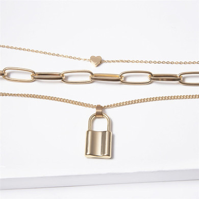 Mutli Layer Lover Lock Pendant Choker Necklace / Steampunk Padlock Heart Chain Necklace