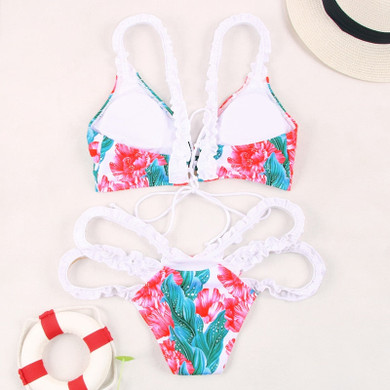 Flower Ruffle V-Neck Bikini Set