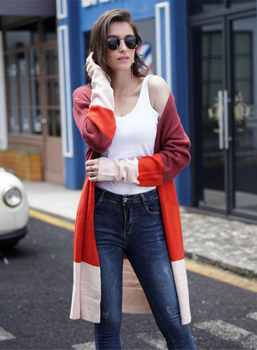 Women Stripes Contrast Color Knit Long Loose Cardigan