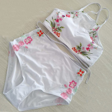 Sexy Floral Ethnic Printed High Waist Swimsuit Strappy High Neck Bikinis Set