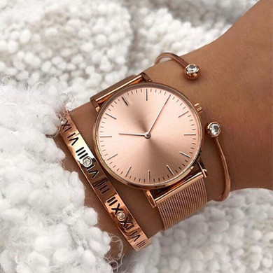 Mavis Hare Rose Gold Beauty rose Mesh Women Watches with Heart Bracelet Mesh Bracelet & Crystal Ball Cuff Bangles as gift