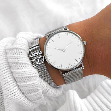 Mavis Hare Silver Color White & Black dial Mesh Women watches Stainless Steel wristwatch with Crystal Cuff Bangle as Gift