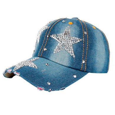 Rhinestone Bling! Denim Blue Withe Sparkly Stars Baseball Cap