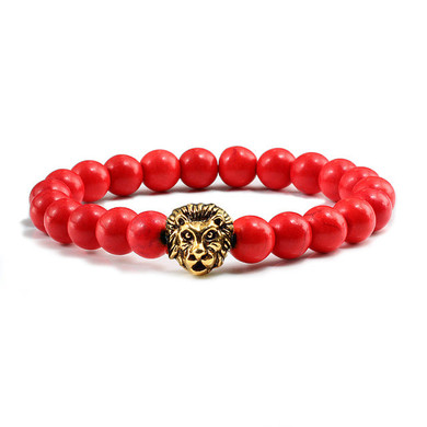 'Lovely' Gold Lion Head Bracelet With Cheerful Red Natural Stone Beads!