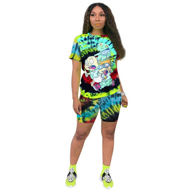 2020 Two Piece Set Women Clothes Tie Dye Cartoon T- Shirt & Biker Shorts Set Sweat Suits Lounge Wear Outfits Ensemble Femme