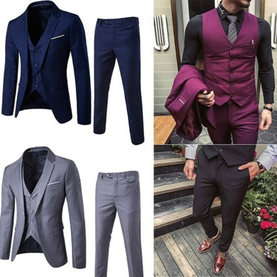 Men Dress Suits 2019 Business Slim Fit Wedding Groom Suit Pure Color 3 Piece of Suits Slim Plus Size Men Leisure Suits