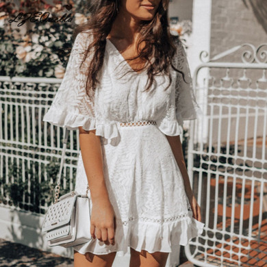Women White Hollow Out V Neck Dress