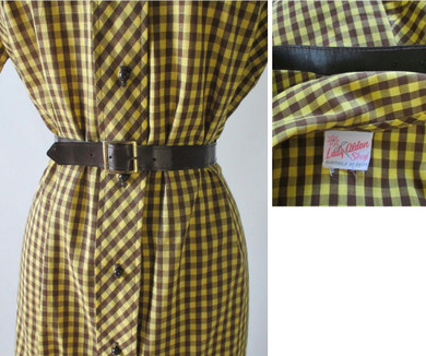 Vintage Early 60's Brown Yellow Gingham Plaid Shirt Button Day Dress & Belt M