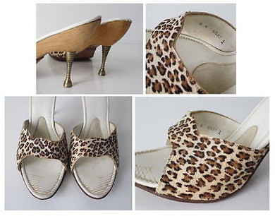 • Vintage 50's 60's Leopard Sculpted Metal Heel Atomic Wood Kitten Heels Shoes 8
