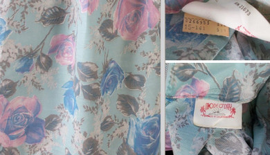 Vintage 50's Aqua Pink Blue Rose Buckle Back Full Swing Skirt Tea Party Dress M