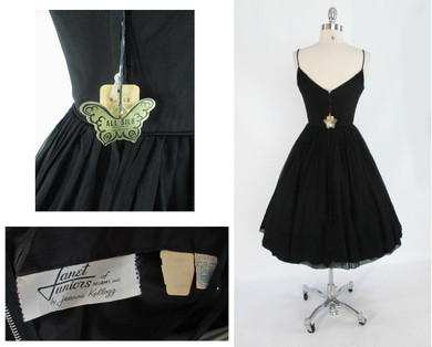 • Vintage 50's  / 60's Black Silk Chiffon Full Skirt Party Evening Cocktail Dress New Tags XS