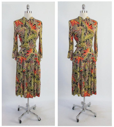 • Vintage 50's 40's Look Bird Of Paradise Tropical Hawaiian Peplum Dress S