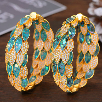 Luxury Peacock Abalone Shell Statement Big Hoop Earrings For Women Wedding Cubic Zircon DUBAI Bridal Circle Hoop Earring