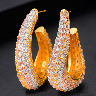 Luxury 3 Tone Leaf Leaves CZ Cubic Zircon Statement Big Hoop Earrings For Women Wedding DUBAI Bridal Hoop Earring 2019
