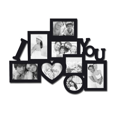 Adeco Decorative Black Wood 8-opening Decorative Wood 'I Love You' Collage Wall Hanging Photo Frame