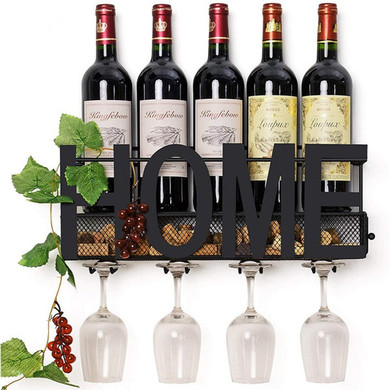 Wall Mounted Metal Wine Rack 4 Long Stem Glass Holder & Wine Cork Storage