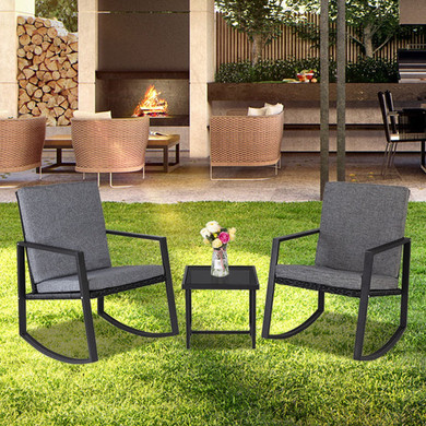 3 PCS Rocking Chairs Set Outdoor Patio Furniture with Glass Coffee Table Cushions Included.