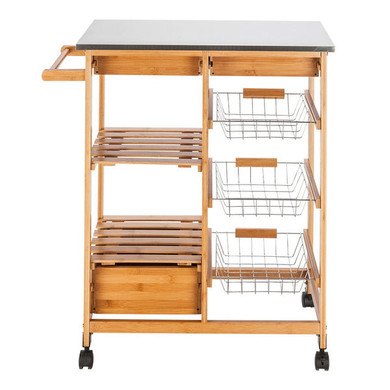 Wood Kitchen Trolley Cart Stainless Steel Top Rolling Storage Cabinet Island New