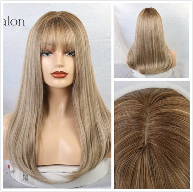 Long Ombre Brown Blonde Wigs with Bangs Cosplay Synthetic
