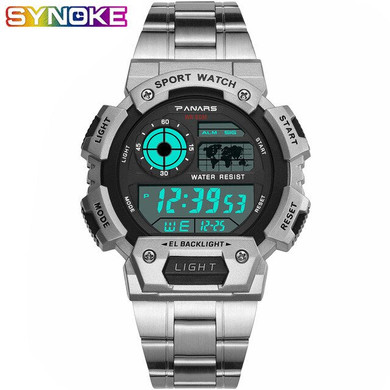 PANARS Fashion Silver Men Sport Digital Watch LED Luminous 50bar Waterproof Electronic Chronograph Steel Luxury WristWatch