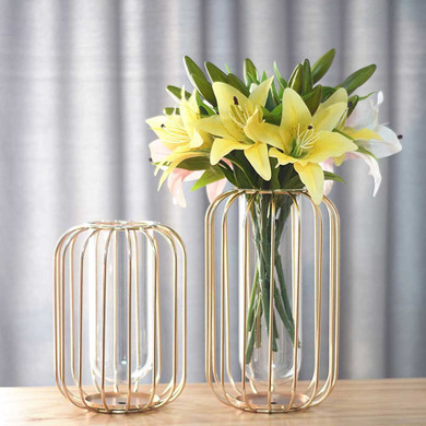 Lantern-shaped Wrought Iron, Gold Plated Iron Flower Vase Wedding Decoration