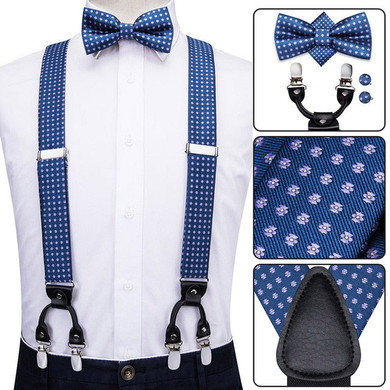 Luxury Silk Adult Men's Suspenders Leather Metal 6 Clips Braces Men's Wedding Party Bow Tie and Vintage Elastic Suspenders Men