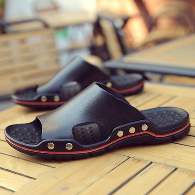 Genuine Cow Leather Slippers Couple Outdoor Non-slip Men PVC Soft Soles Spring Summer