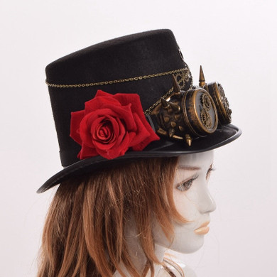 Fedora Unisex Steampunk Vintage Gears Floral Black Top Hat with Goggles Decoration