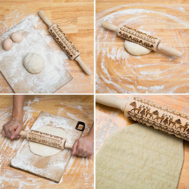 35*5cm Christmas Embossing Rolling Pin Baking Cookies Biscuit Fondant Cake Dough Engraved Wooden Roller