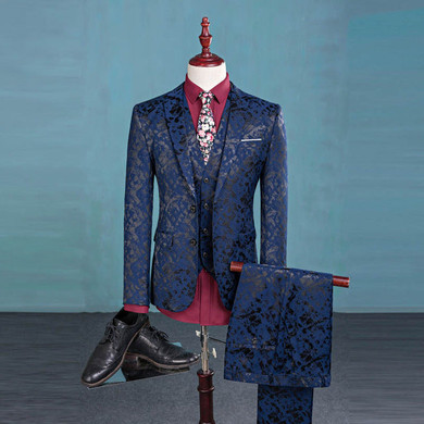 2017 Men's Wedding Suit Printed Paisley Floral Black Blue Tuxedo Stage 3 PCS Sets Slim Fit Male Suit With Pants M-3XL