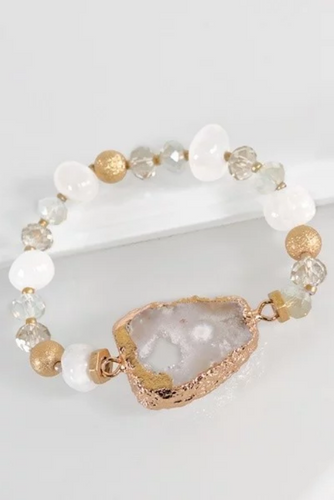 GLASS BEAD STRETCH BRACELET WITH PLATED NATURAL STONE ACCENT