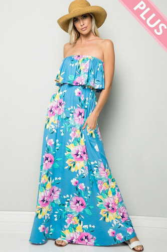 FLORAL STRAPLESS RUFFLE MAXI DRESS