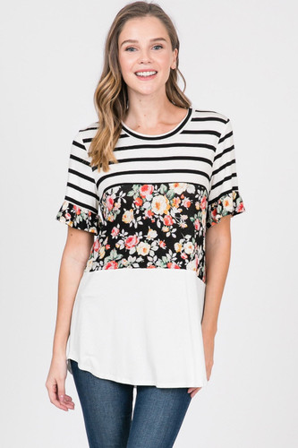 STRIPE & FLORAL COLOR BLOCK JERSEY KNIT TUNIC