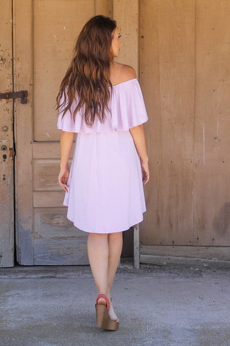 SOLID OFF SHOULDER DRESS WITH RUFFLE SLEEVE & ELASTIC NECKLINE