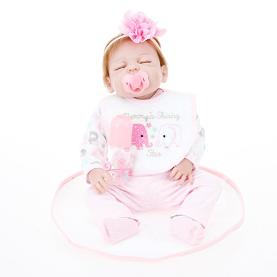 Reborn Baby Doll Girl Baby Bath Toy Full Silicone Body Eyes Close Sleeping Baby Doll With Clothes 22inch 55cm Lifelike Cute Gifts Toy Pink Elephant